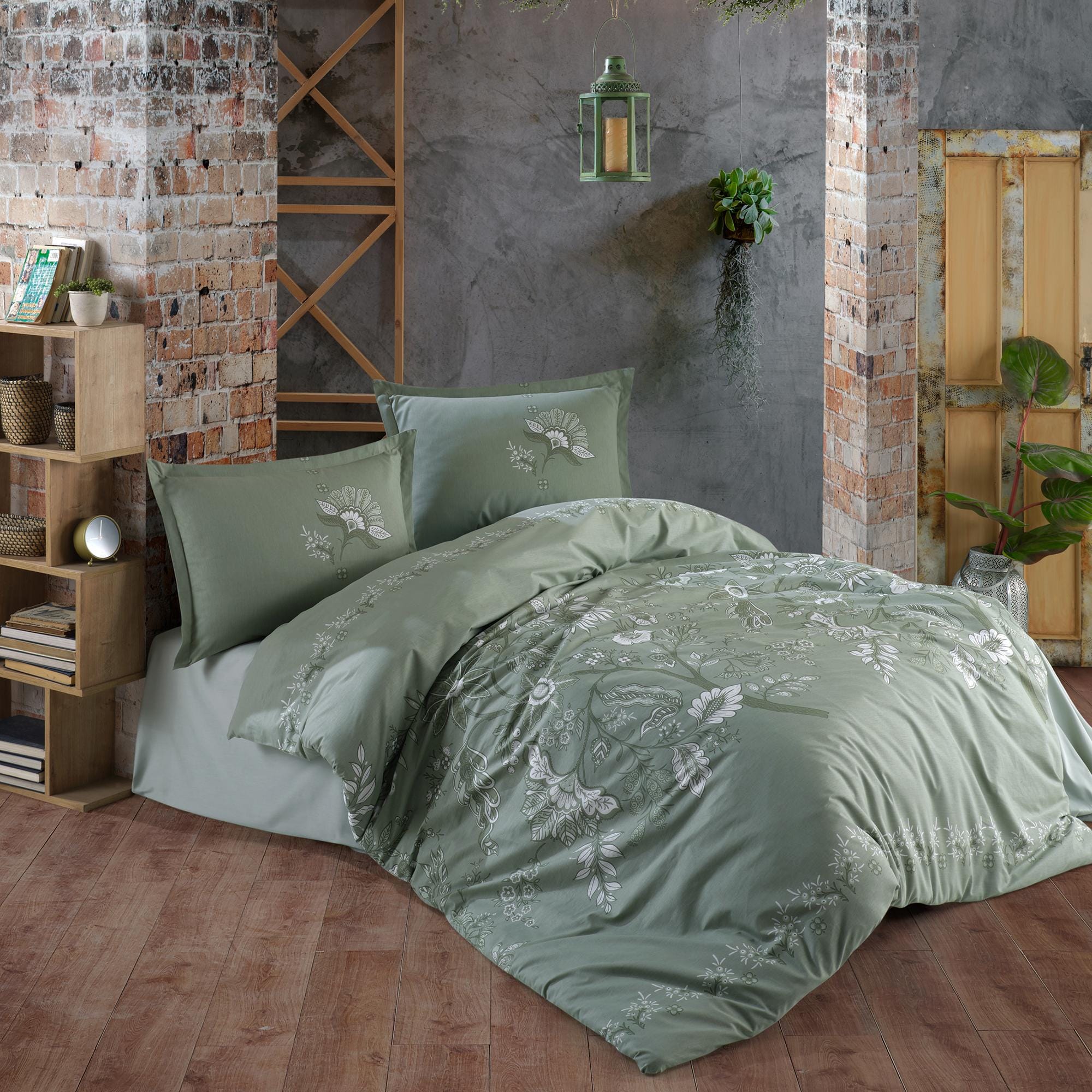 Set lenjerie pat clasy king size MOHANA V1, bumbac, verde, 240x260 cm, cu cearceaf pat, cearceaf pilota si 2 fete de perna