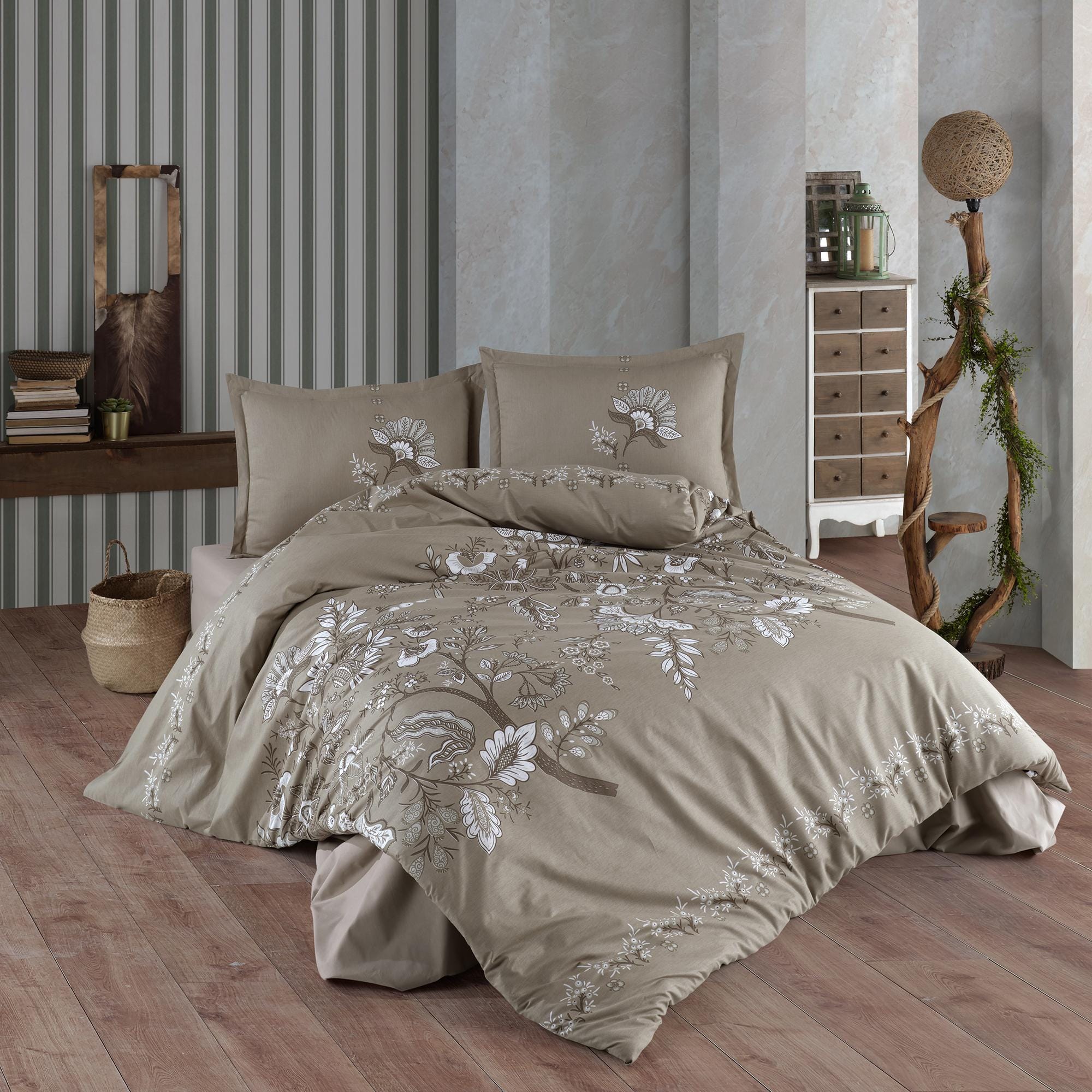 Set lenjerie pat clasy king size MOHANA V2, bumbac, bej, 240x260 cm, cu cearceaf pat, cearceaf pilota si 2 fete de perna