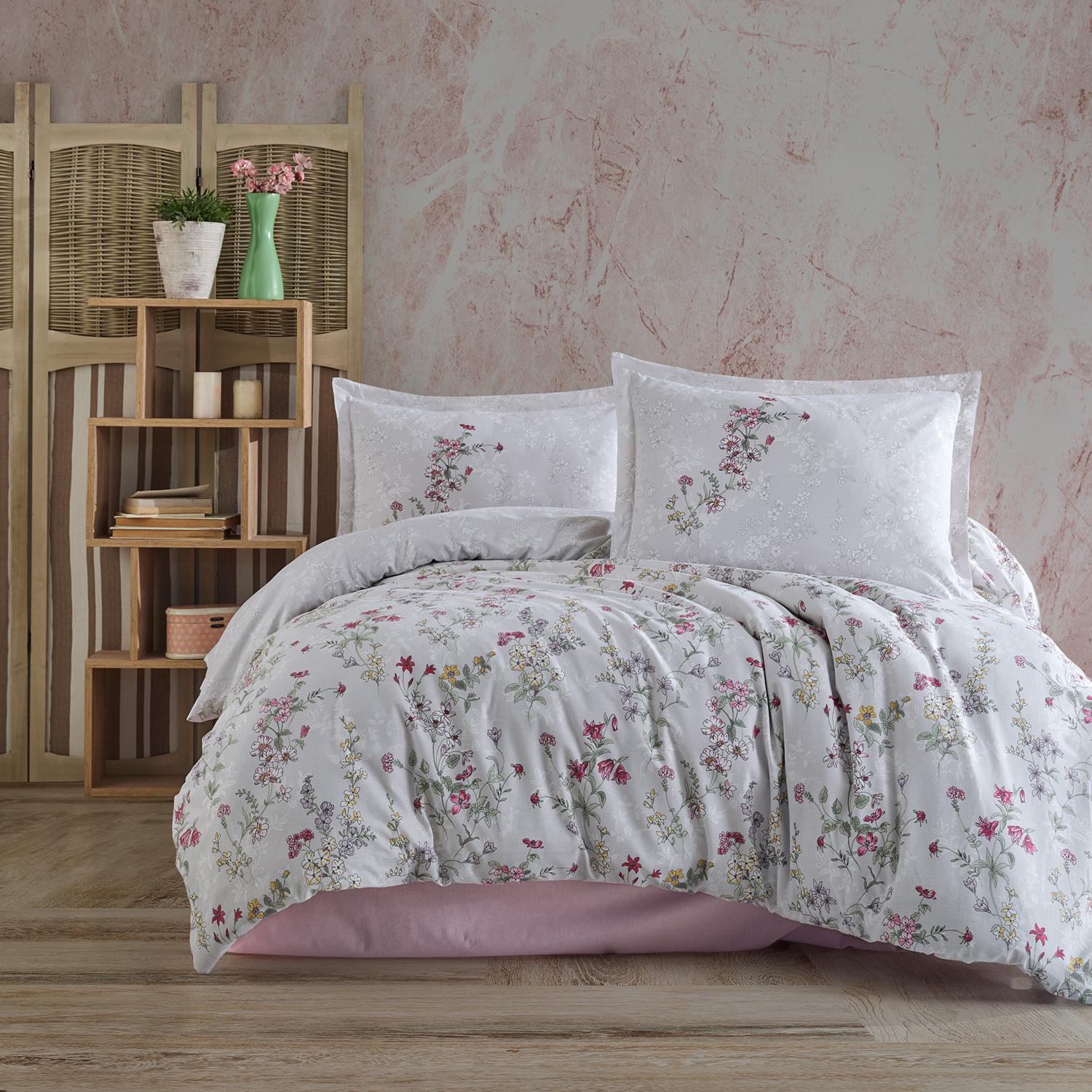 Set lenjerie pat clasy king size NOVARA, bumbac, alb/roz, 240x260 cm, cu cearceaf pat, cearceaf pilota si 2 fete de perna