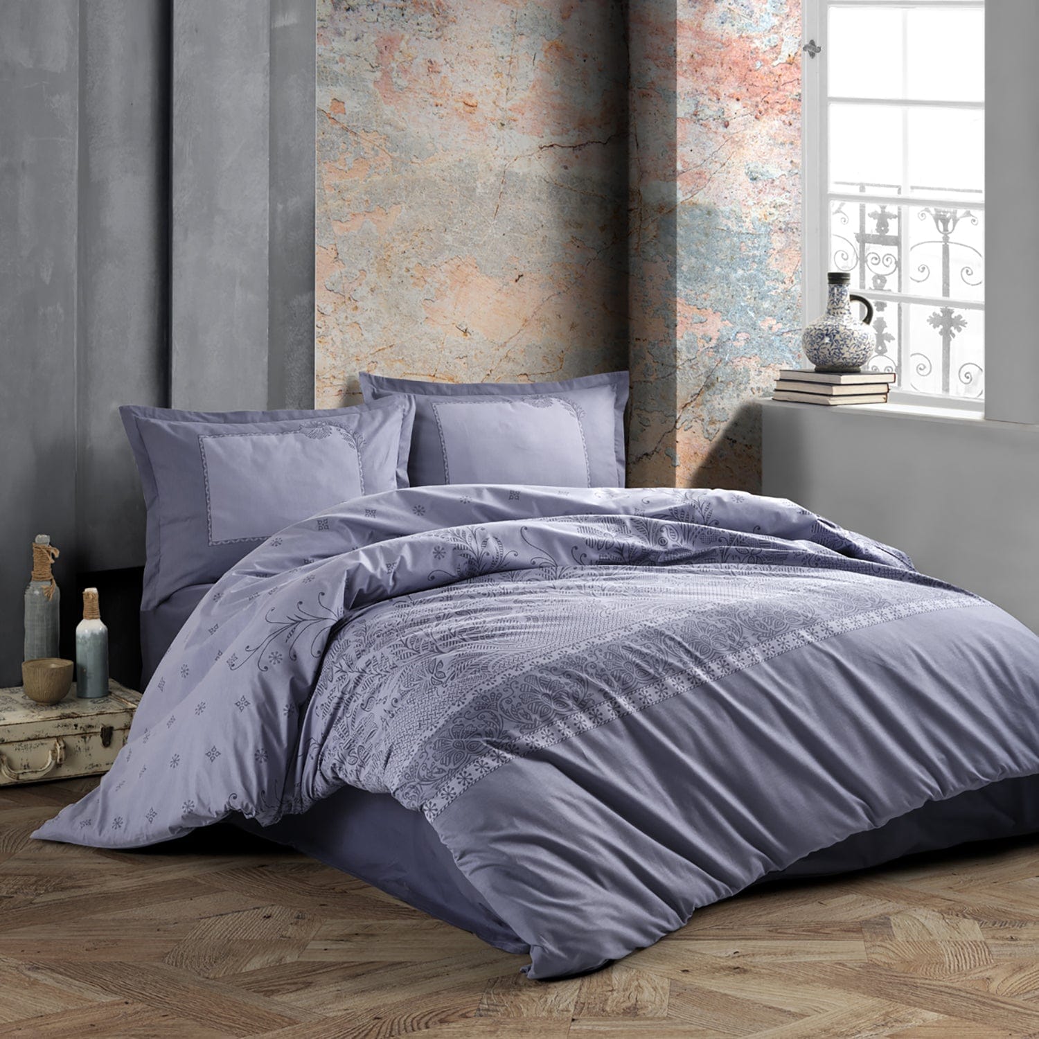 Set lenjerie pat clasy king size RISA V1, bumbac, albastru, 240x260 cm, cu cearceaf pat, cearceaf pilota si 2 fete de perna