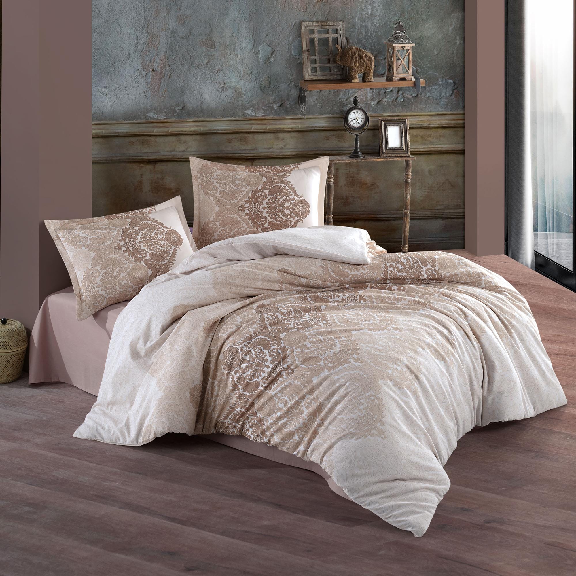 Set lenjerie pat clasy king size ZETA, bumbac, bej, 240x260 cm, cu cearceaf pat, cearceaf pilota si 2 fete perna