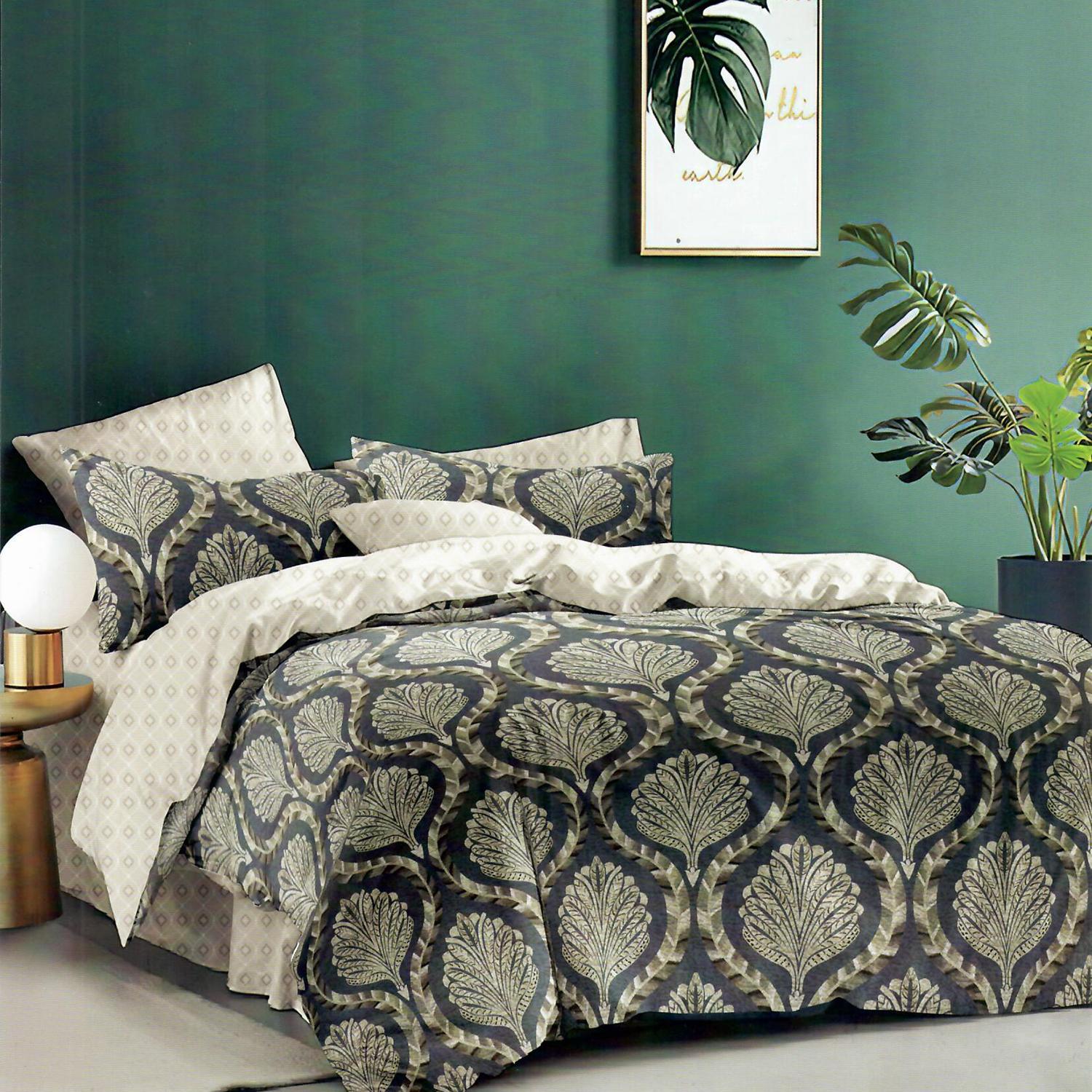 Set lenjerie pat ELVO ELV113, bumbac/poliester, bej/negru, 220x230 cm, cu cearceaf pat, cearceaf pilota si 2 fete de perna