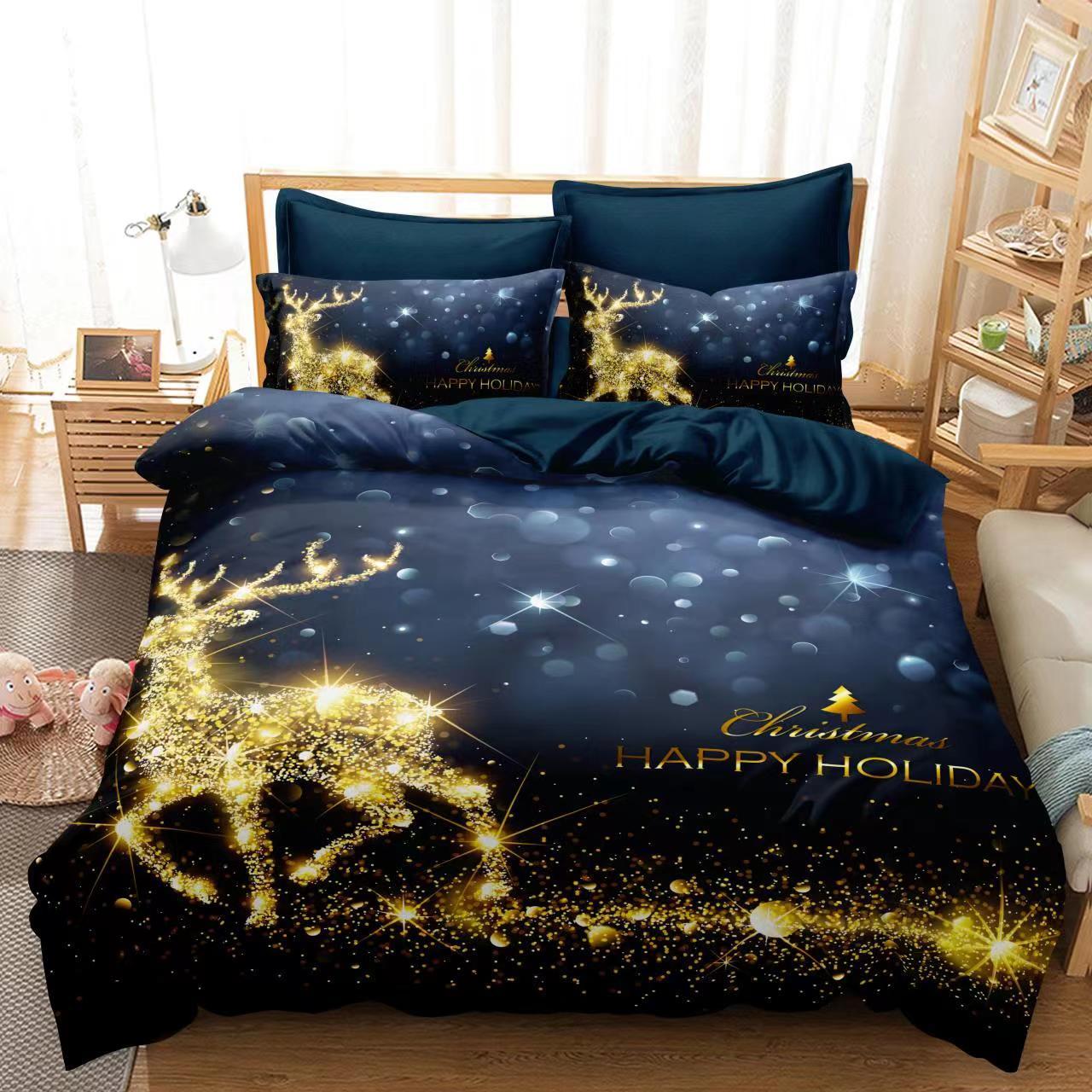 Set lenjerie pat finet F-XMAS1, poliester/bumbac finet, albastru inchis/auriu, 220x230 cm, cu cearceaf pat, cearceaf pilota si 4 fete de perna