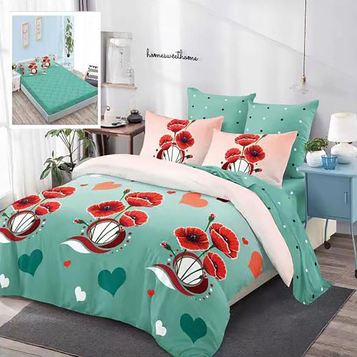 Set lenjerie pat finet HF6P45, bumbac, verde/rosu, 160-180x200 cm, cu husa pat, cearceaf pilota si 4 fete de perna