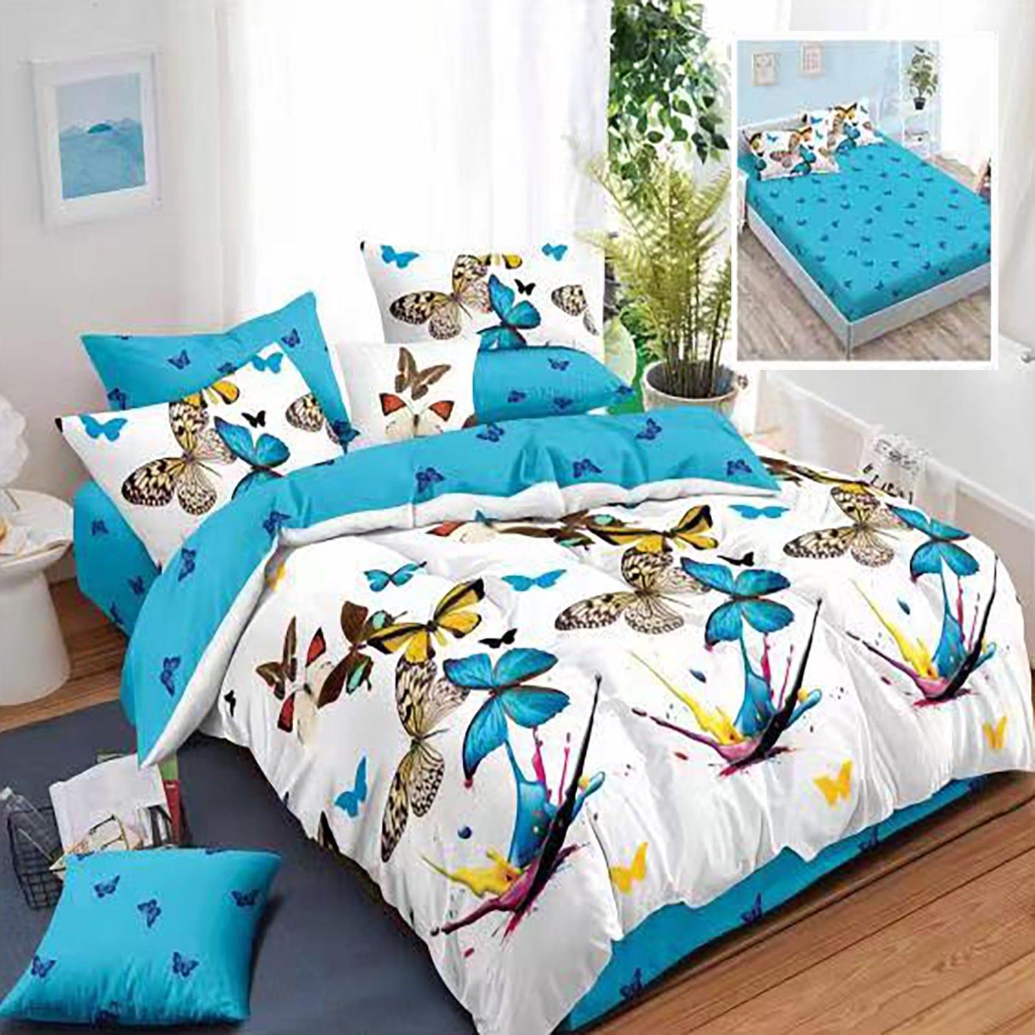 Set lenjerie pat finet HF6P49, bumbac, alb/albastru, 160-180x200 cm, cu husa pat, cearceaf pilota si 4 fete de perna