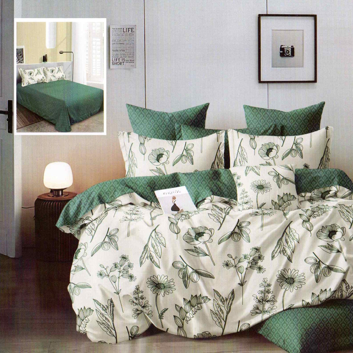 Set lenjerie pat finet M301, bumbac/poliester, bej/verde, 220x240 cm, cu cearceaf pat, cearceaf pilota si 4 fete de perna