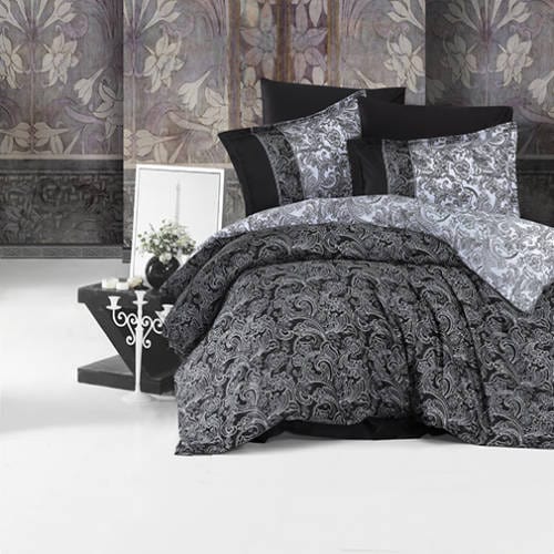 Set lenjerie pat king size POLO V1, bumbac, gri/negru, 240x260 cm, cu cearceaf pat, cearceaf pilota si 2 fete de perna