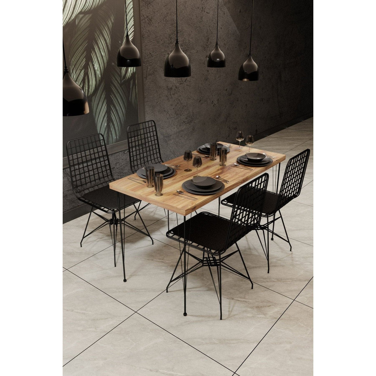 Set masa si 4 scaune NMSYMK001, stejar/negru, PAL melaminat/metal