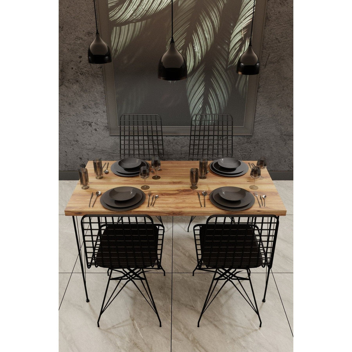 Set masa si 4 scaune NMSYMK001, stejar/negru, PAL melaminat/metal