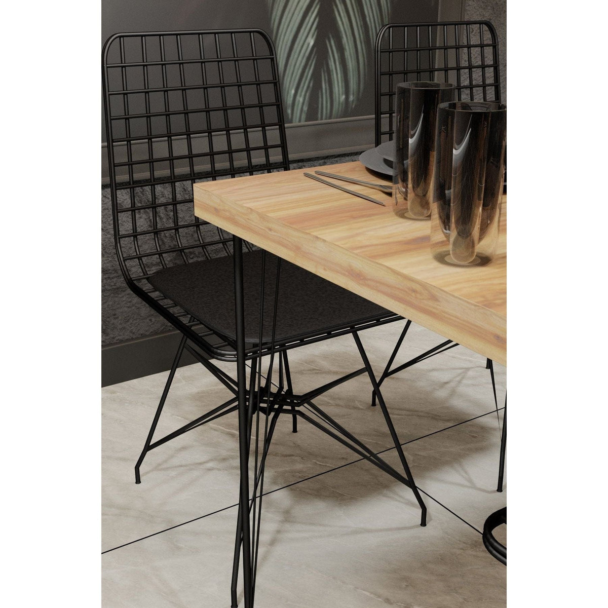 Set masa si 4 scaune NMSYMK001, stejar/negru, PAL melaminat/metal