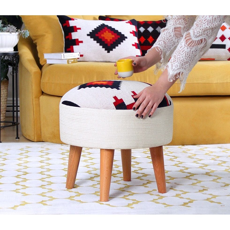 Taburet FARM, alb/stejar, lemn/material textil, 46x46x42 cm