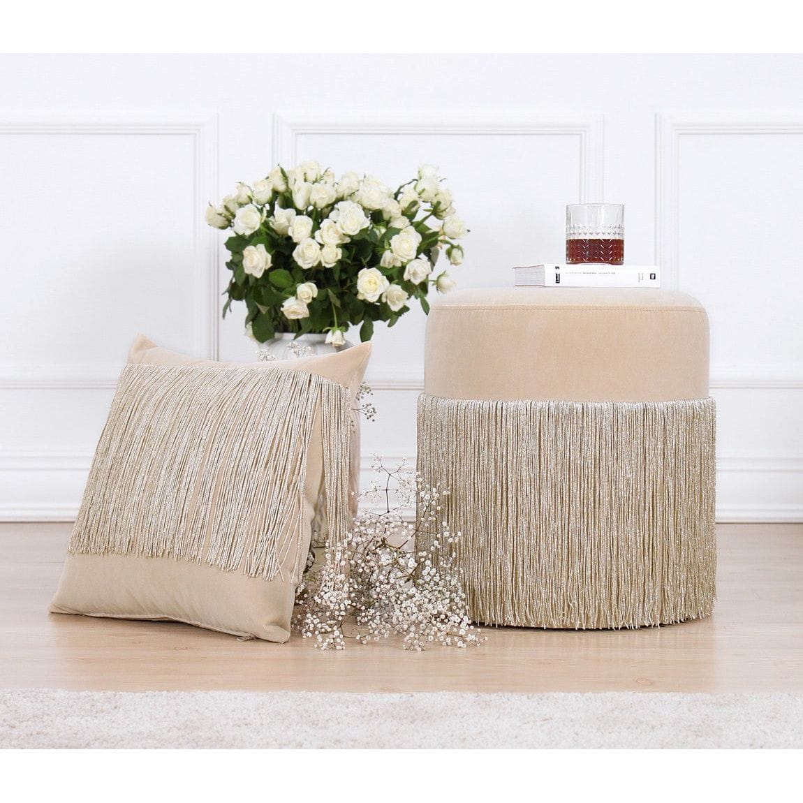 Taburet MERKÜR, stofa catifelata crem, 45x45x40 cm