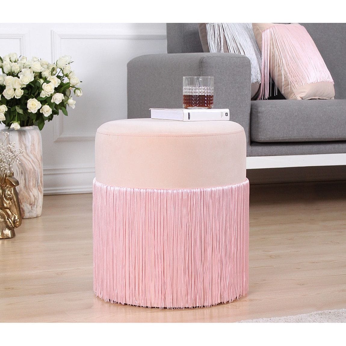 Taburet MERKÜR, stofa catifelata roz, 45x45x40 cm