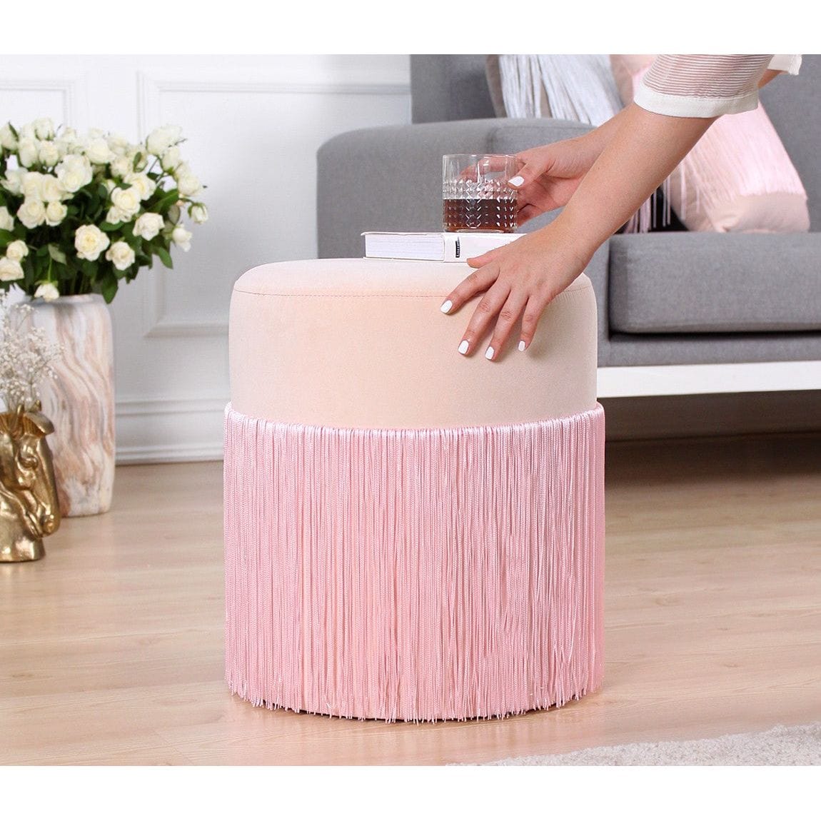 Taburet MERKÜR, stofa catifelata roz, 45x45x40 cm