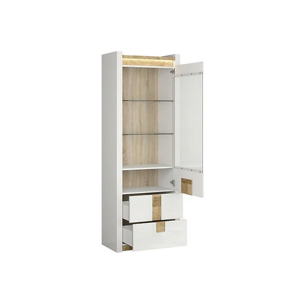 Vitrina ALAMEDA, alb/stejar deschis, PAL laminat, 72x42x202 cm
