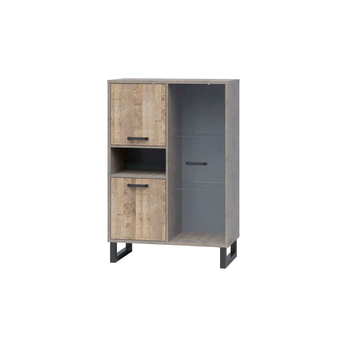 Vitrina BARI, gri/stejar, PAL laminat/sticla/metal, 90x45x134 cm