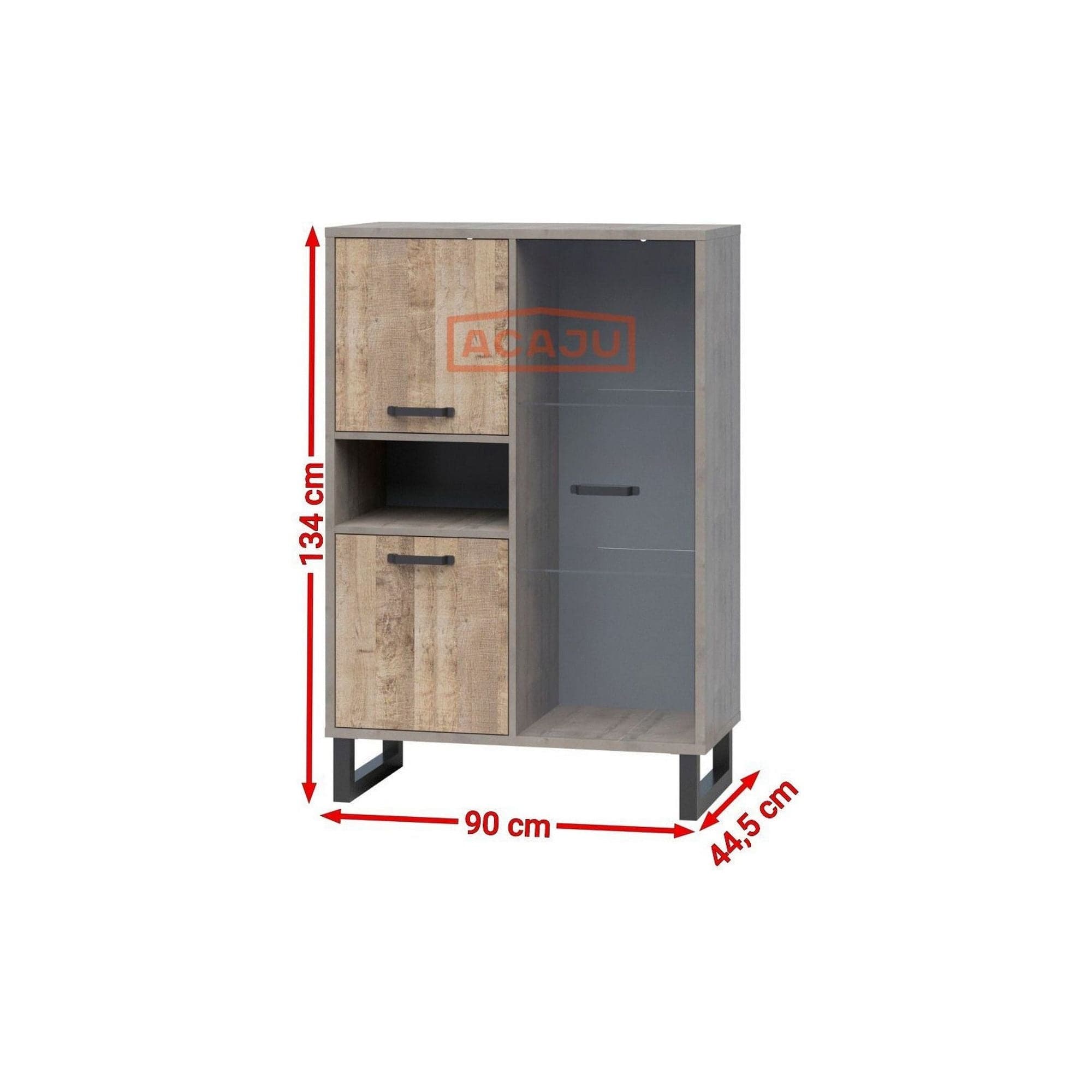 Vitrina BARI, gri/stejar, PAL laminat/sticla/metal, 90x45x134 cm