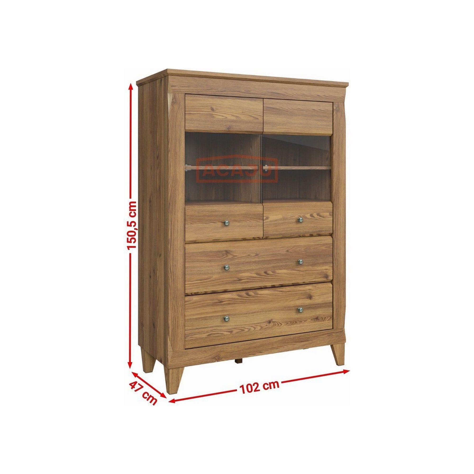 Vitrina BERGEN REG2W2S, stejar, PAL/sticla securizata, 102x47x151 cm