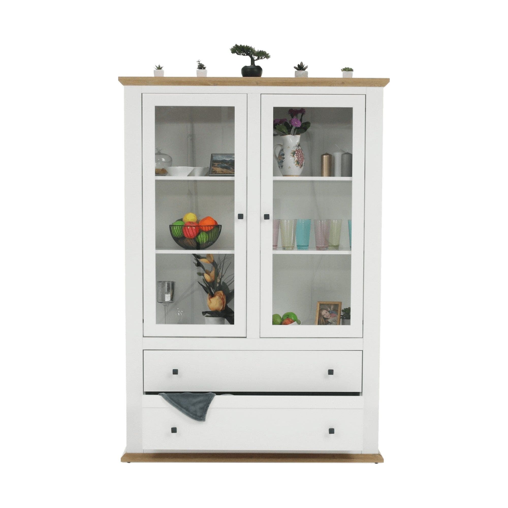 Vitrina LEON MZ5, alb/stejar deschis, PAL laminat, 125x40x180 cm