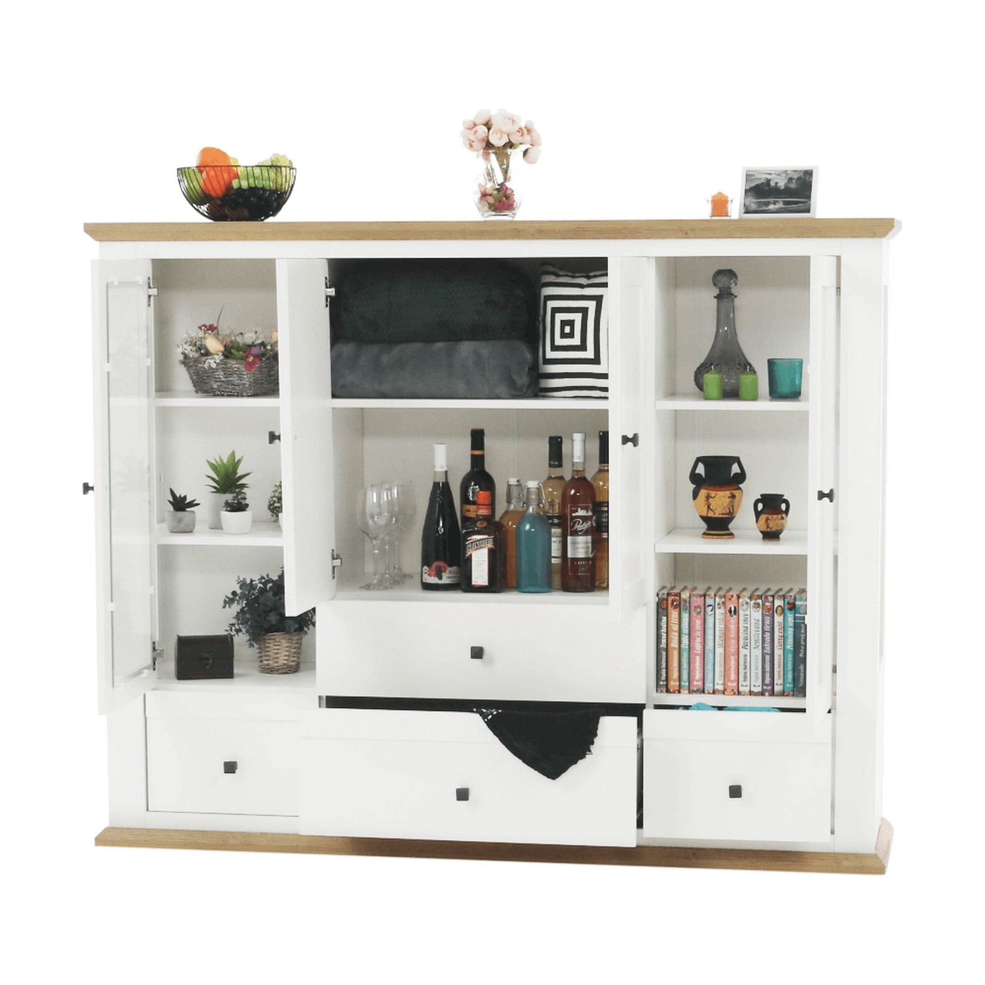 Vitrina LEON MZ6, alb/stejar deschis, PAL laminat, 165x40x130 cm