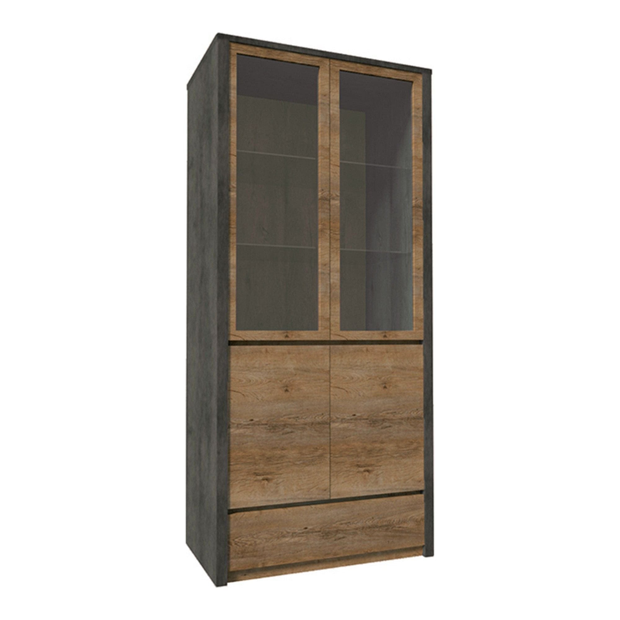 Vitrina MONTANA W2D, stejar lefkas inchis/gri, PAL melaminat/sticla, 90x43x197 cm