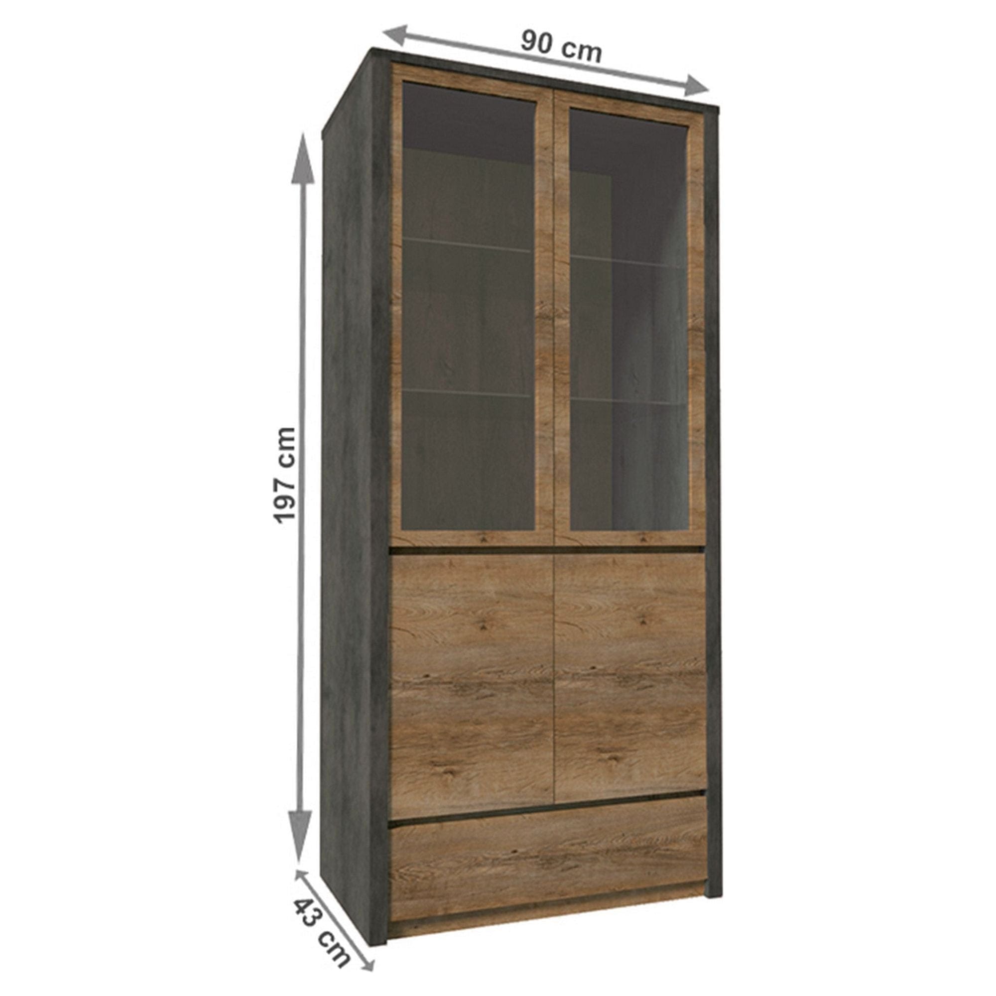 Vitrina MONTANA W2D, stejar lefkas inchis/gri, PAL melaminat/sticla, 90x43x197 cm