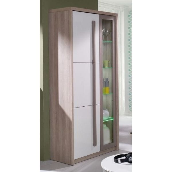 Vitrina ROMA 2, stejar Ferrara/alb lucios/gri mat, PAL/sticla, 90x43x194 cm