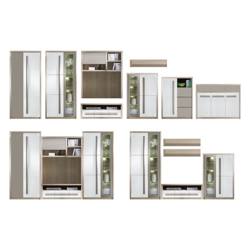Vitrina ROMA 2, stejar Ferrara/alb lucios/gri mat, PAL/sticla, 90x43x194 cm