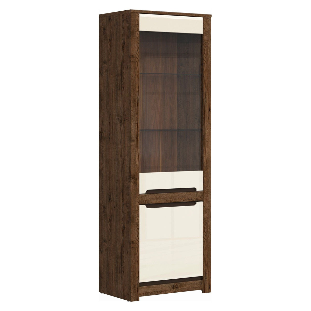 Vitrina RUSO, stejar april/alb perla, PAL/sticla securizata, 69x46x205 cm