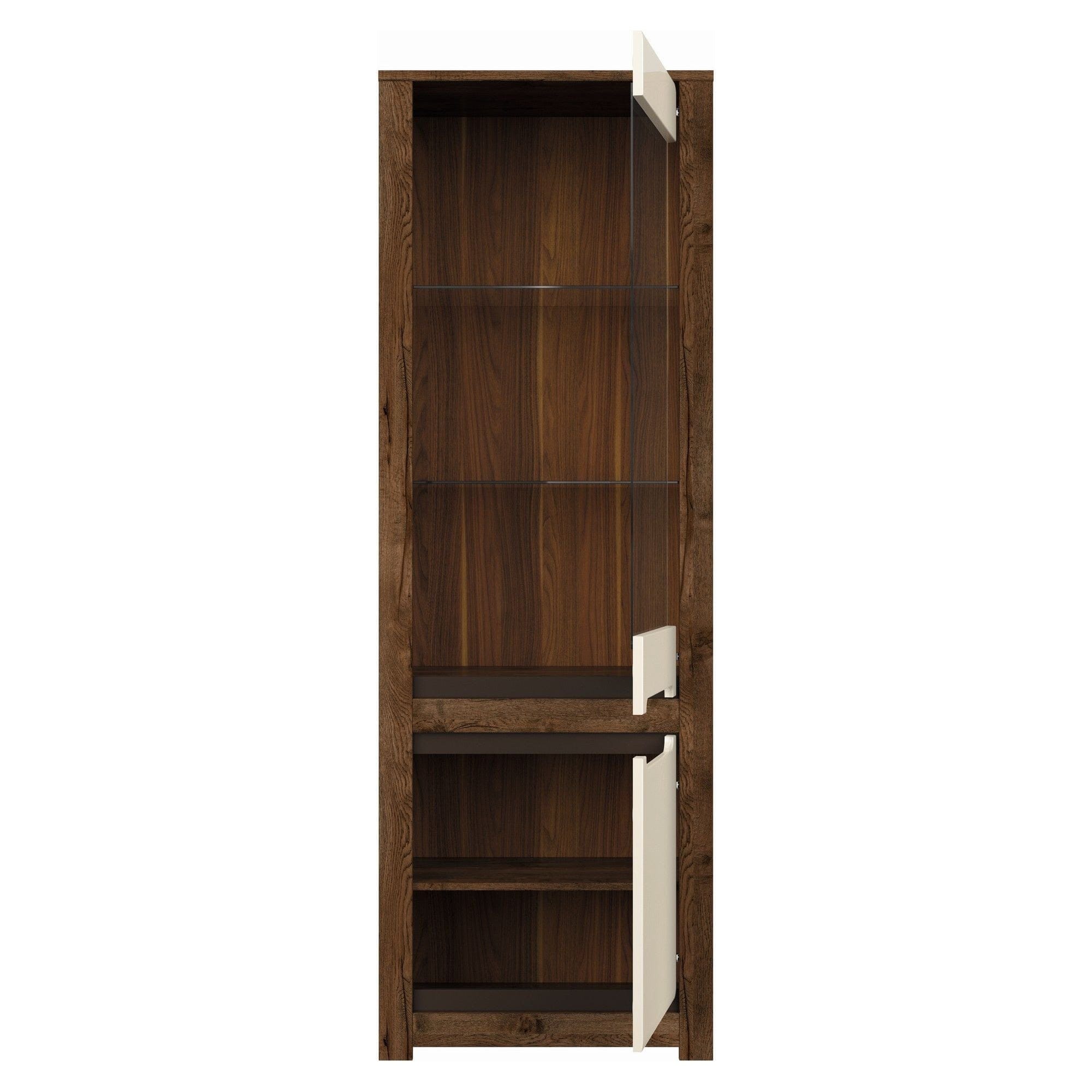 Vitrina RUSO, stejar april/alb perla, PAL/sticla securizata, 69x46x205 cm