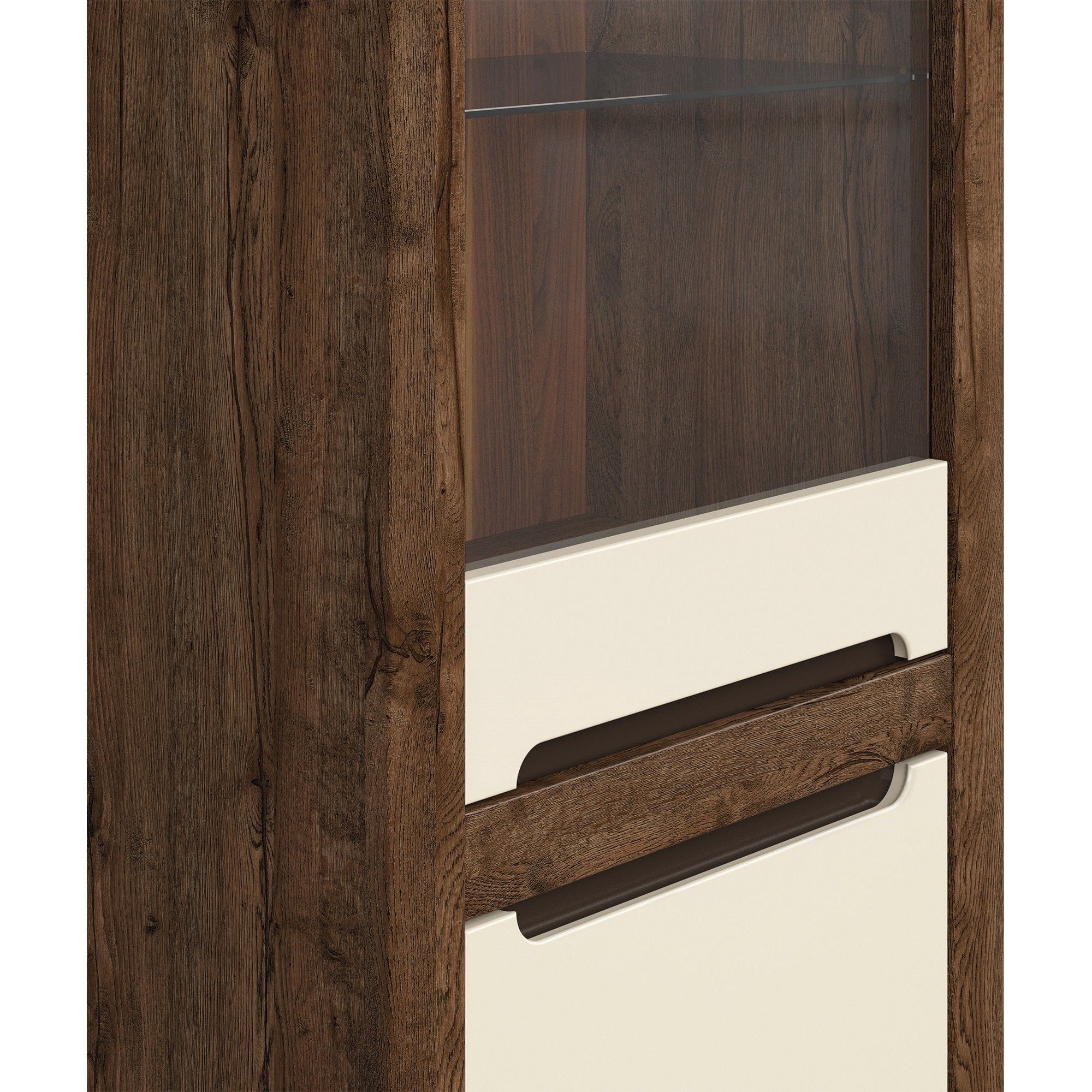 Vitrina RUSO, stejar april/alb perla, PAL/sticla securizata, 69x46x205 cm