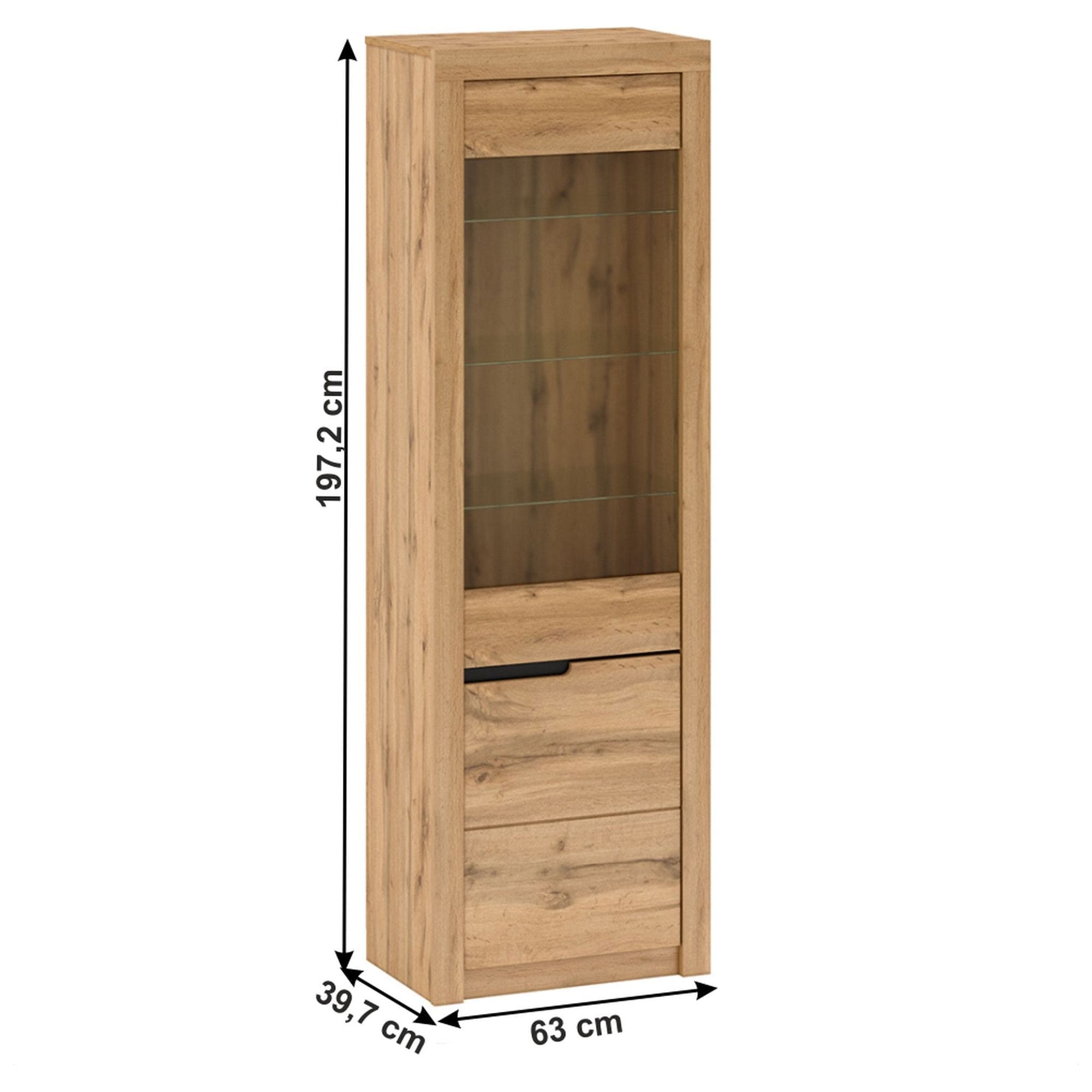 Vitrina TORONTA A1, stejar wotan, DTD laminat, dechidere dreapta, 63x40x197 cm