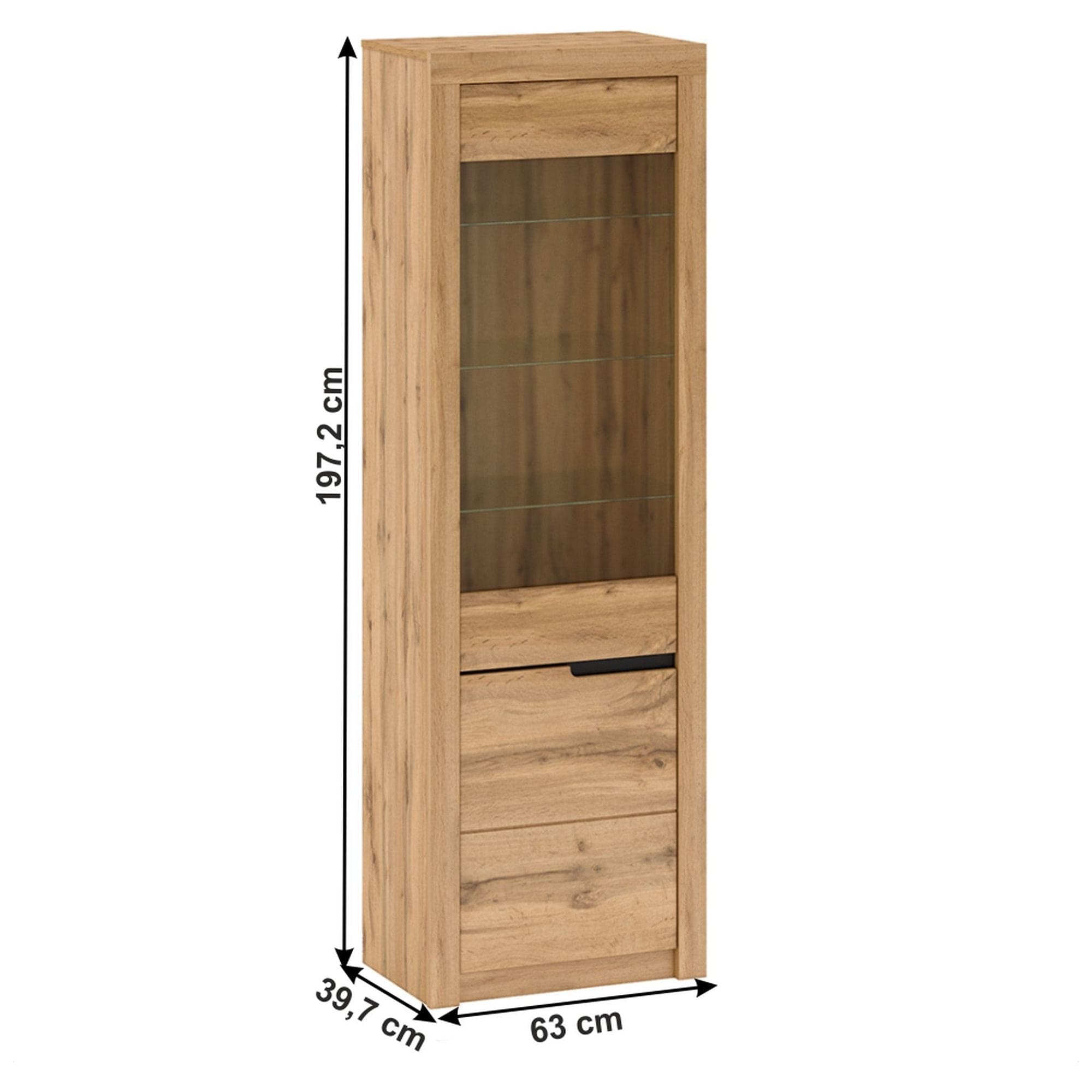 Vitrina TORONTA A1, stejar wotan, DTD laminat, deschidere stanga, 63x40x197 cm