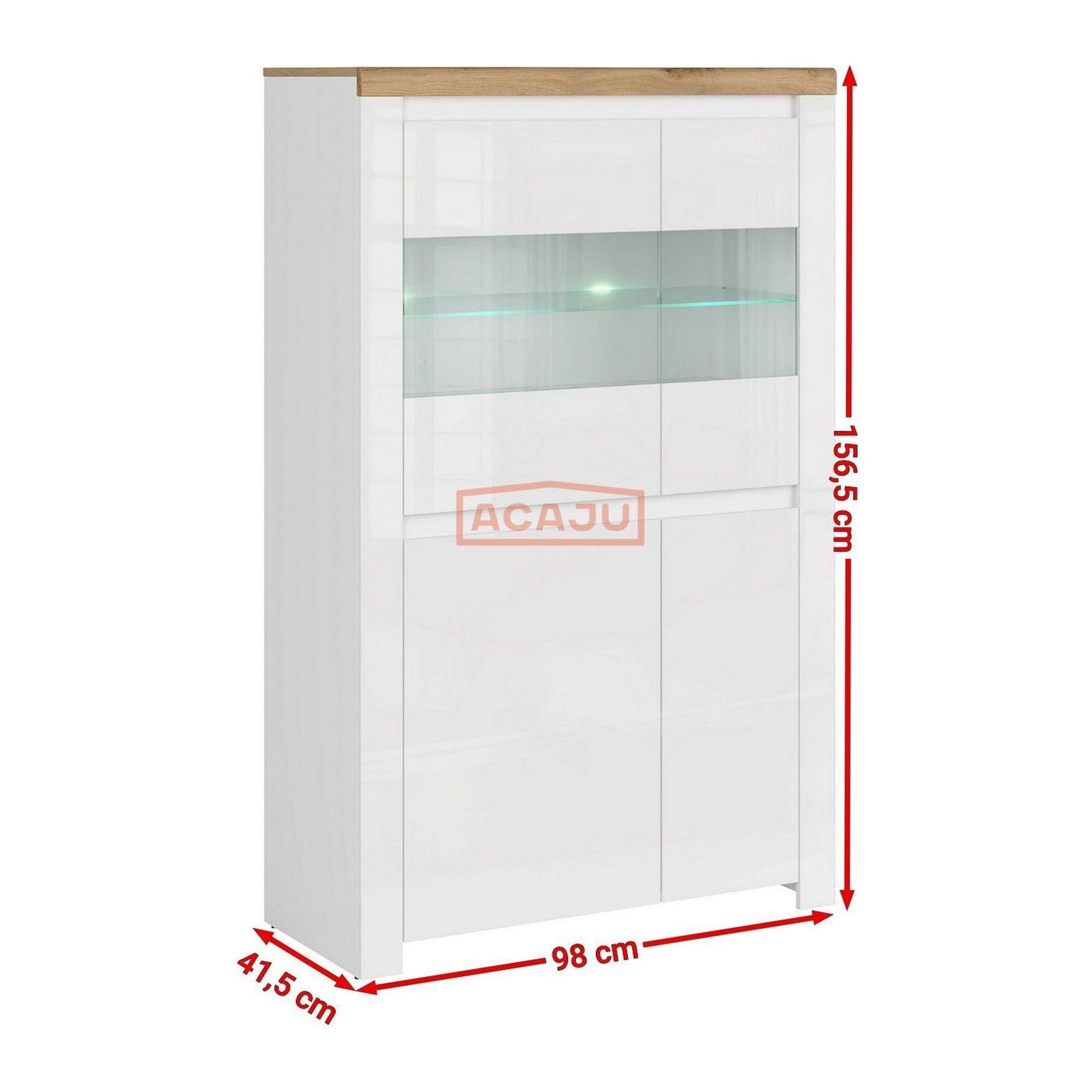 Vitrina VIGO 2D2W, alb/stejar wotan, PAL laminat, sticla, 98x42x157 cm