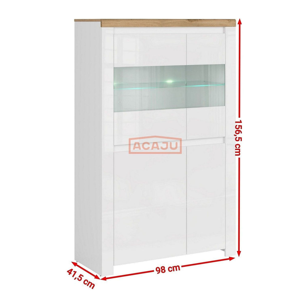 Vitrina VIGO 2D2W, alb/stejar wotan, PAL laminat, sticla, 98x42x157 cm