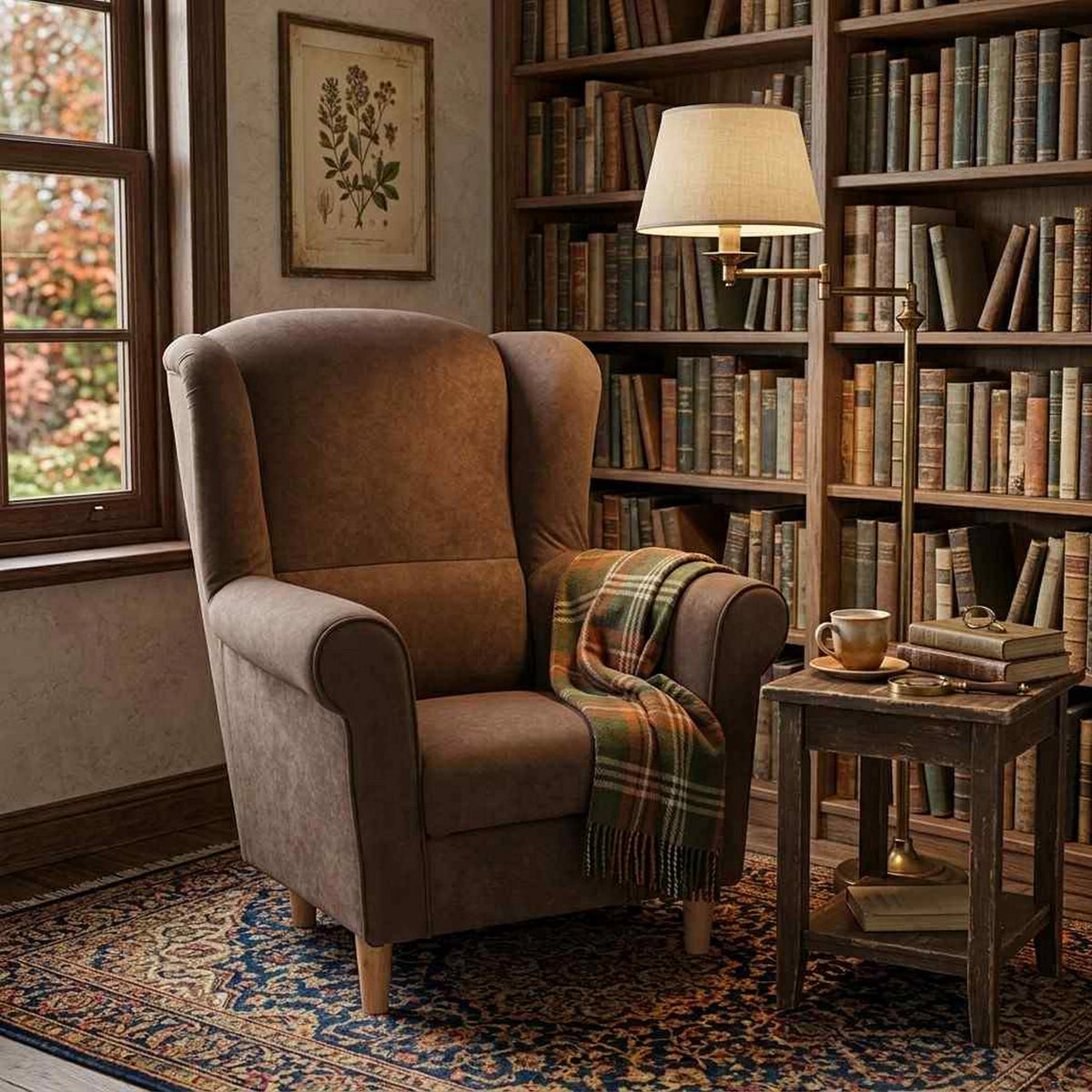 Fotoliu CHARLOT, maro/fag, stofa catifelata/lemn, 86x72x105 cm