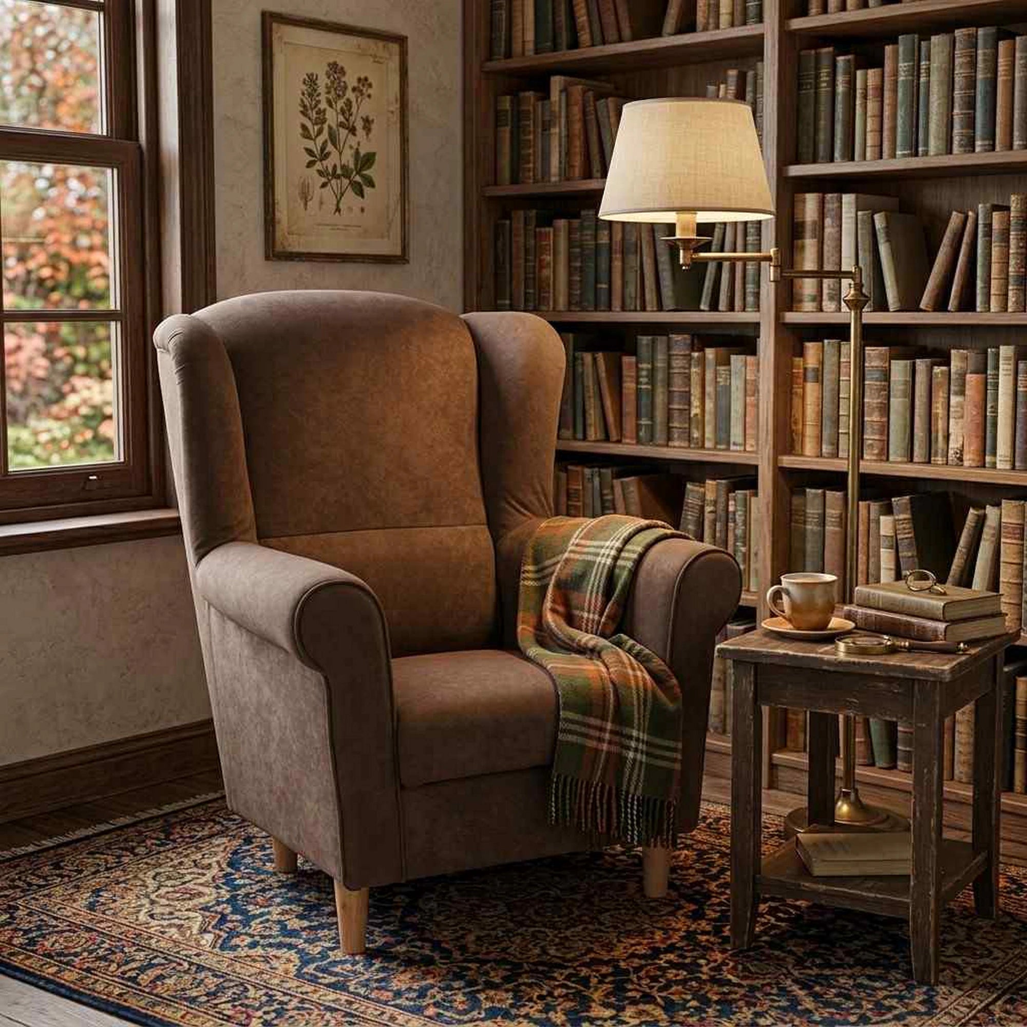 Fotoliu CHARLOT, maro/fag, stofa catifelata/lemn, 86x72x105 cm