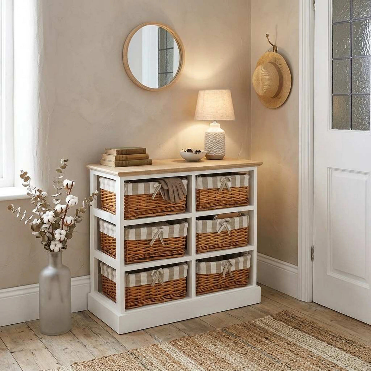 Comoda GINGER, alb/stejar, lemn/material textil, 71x28x61 cm