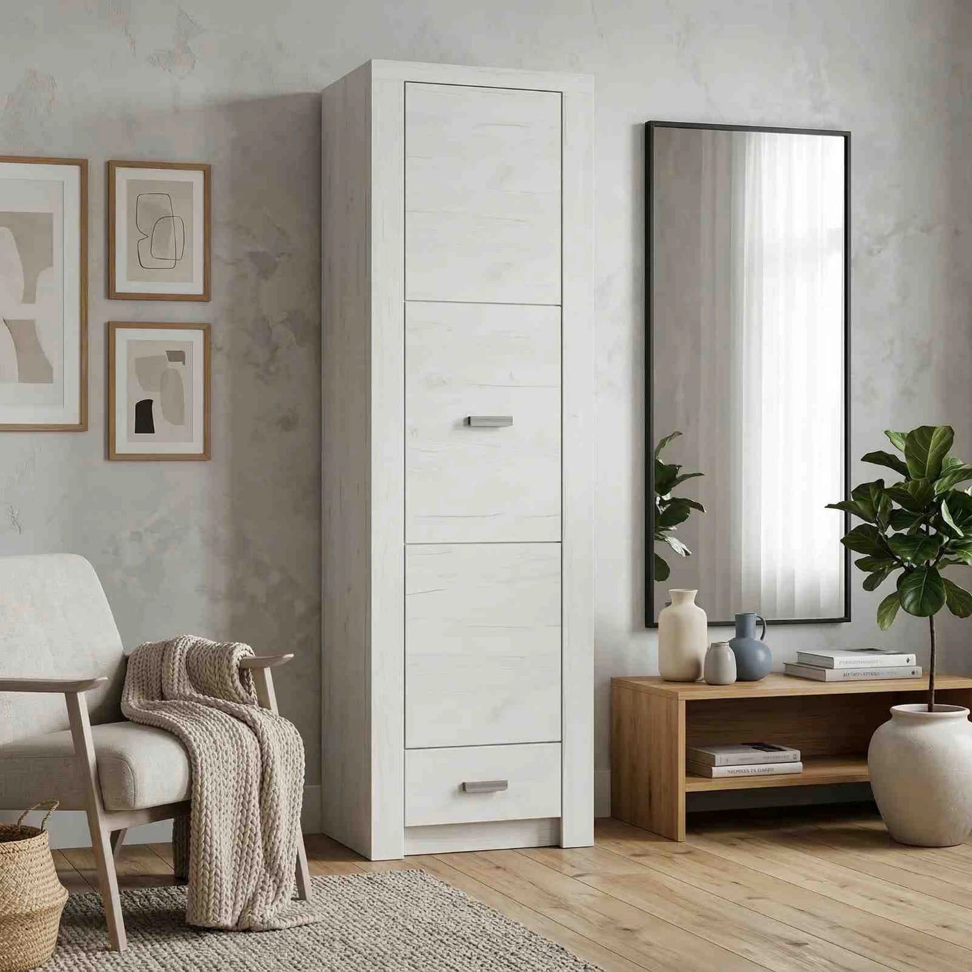 Dulap INFINITY I-02, frasin alb, PAL melaminat, cu o usa si un sertar, 56x58x192 cm