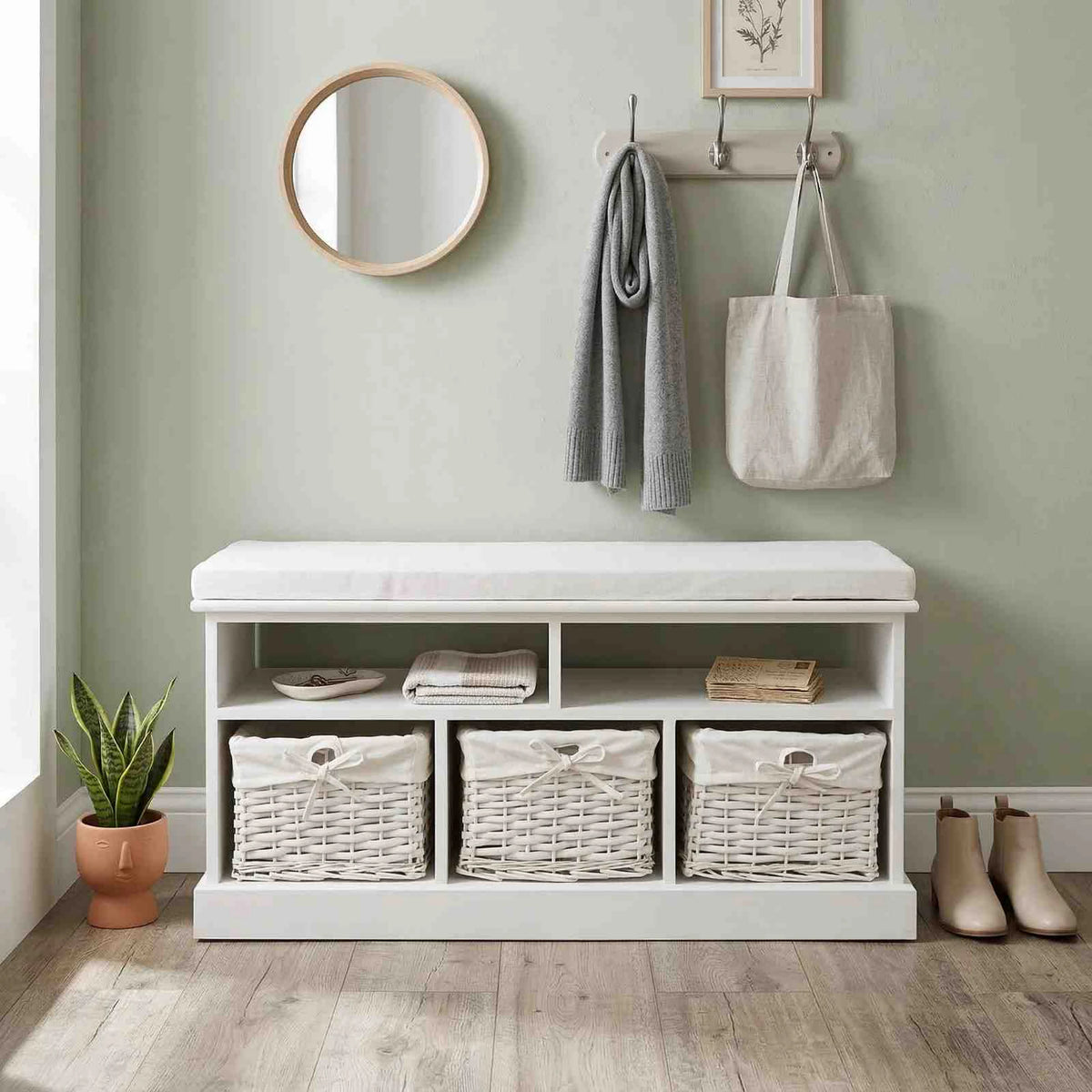 Bancheta RAFAELLO, alb, lemn, cu 3 coşuri, 95x35x49 cm