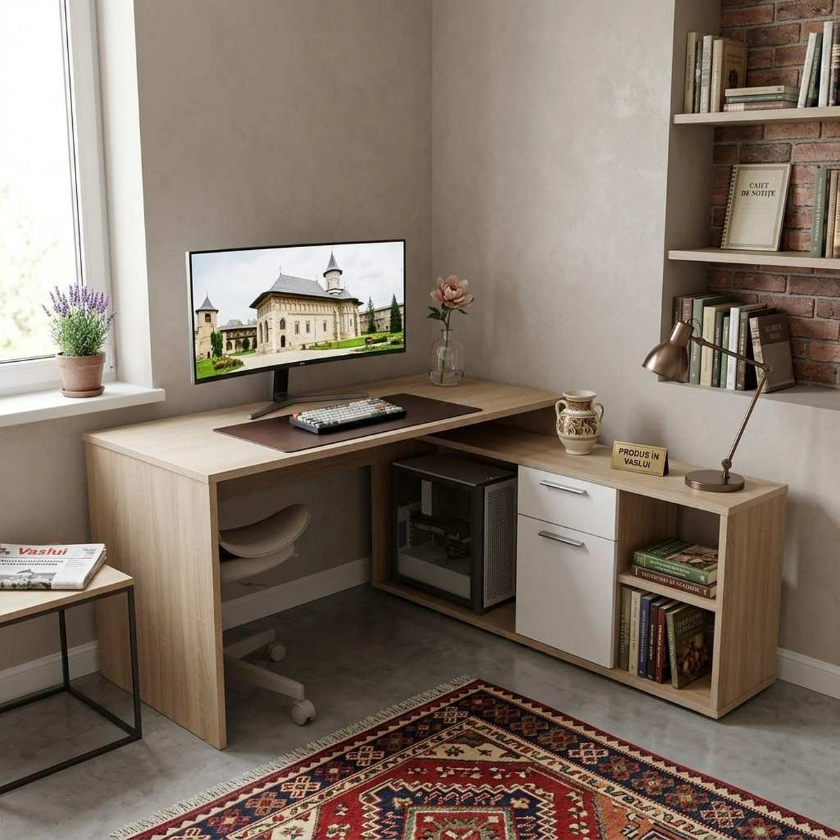 Birou NOE NEW, stejar sonoma/alb, PAL melaminat, 135x60/30x74/60 cm