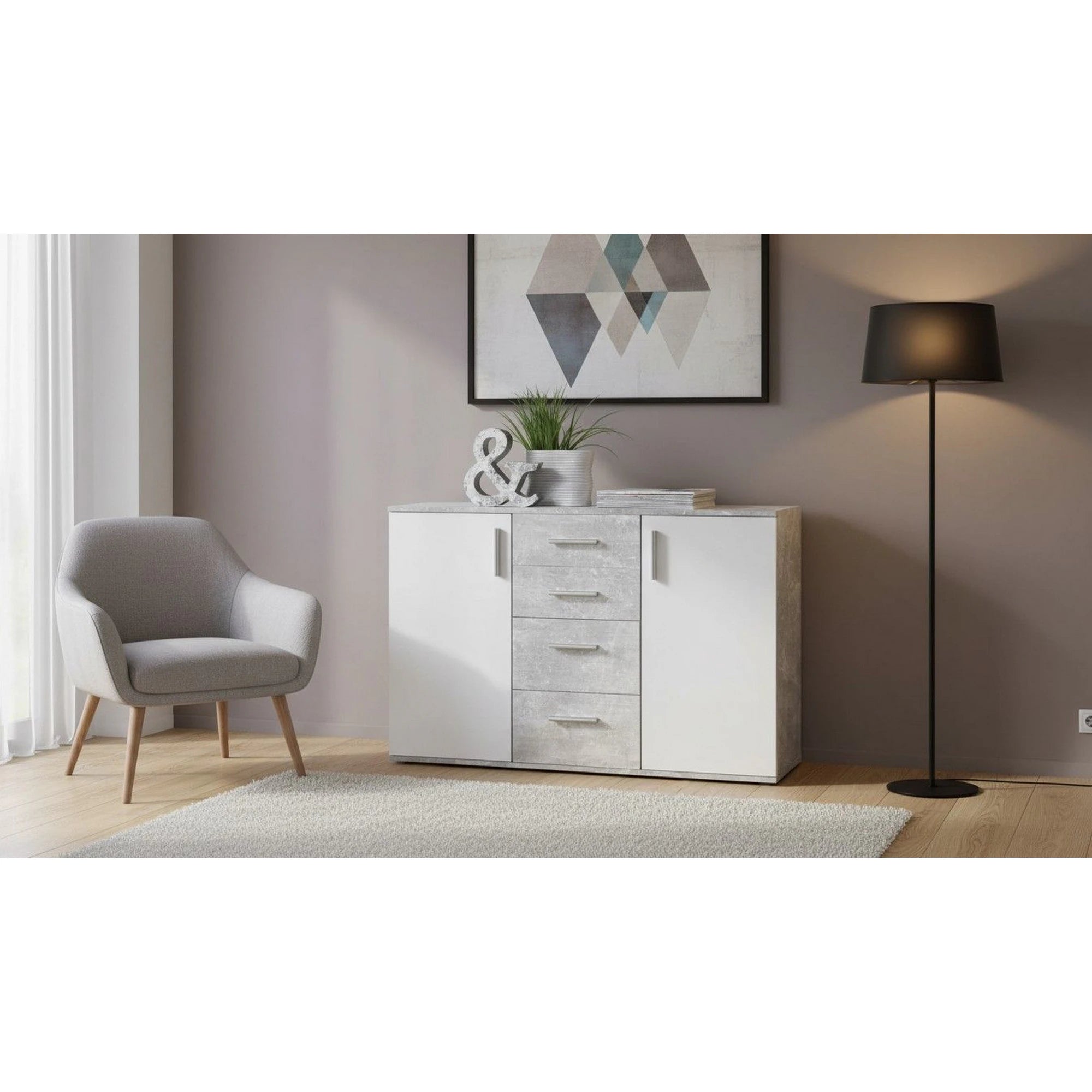Comoda POPPY 5, alb/gri ciment, PAL melaminat, 120x35x82 cm