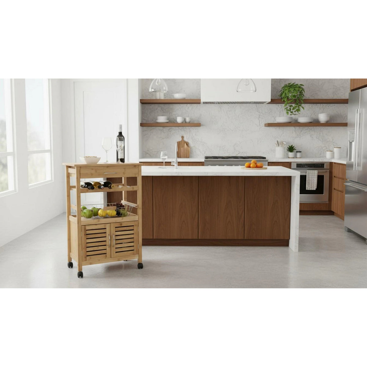 Carucior servire NAVID, stejar, bambus, 56x36x85 cm