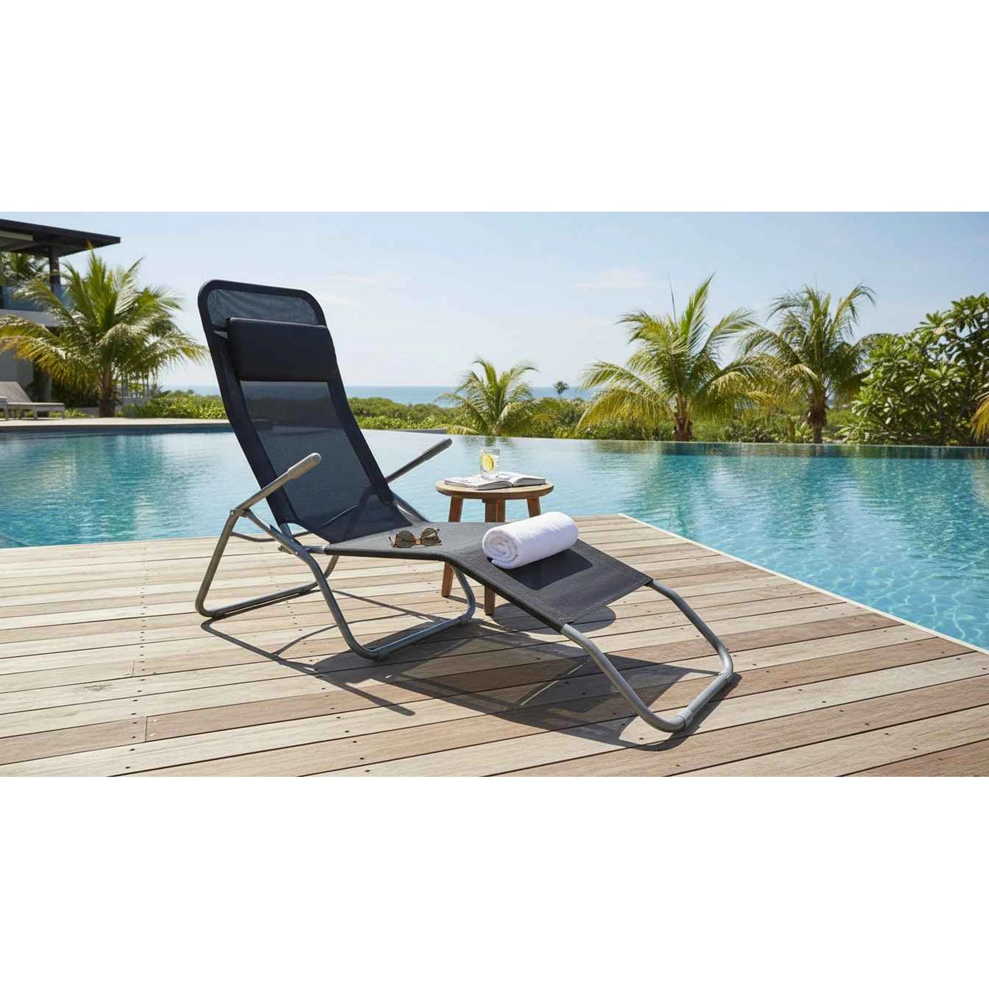 Sezlong gradina SELNO, gri/negru, plasa/otel, 58x160x97 cm