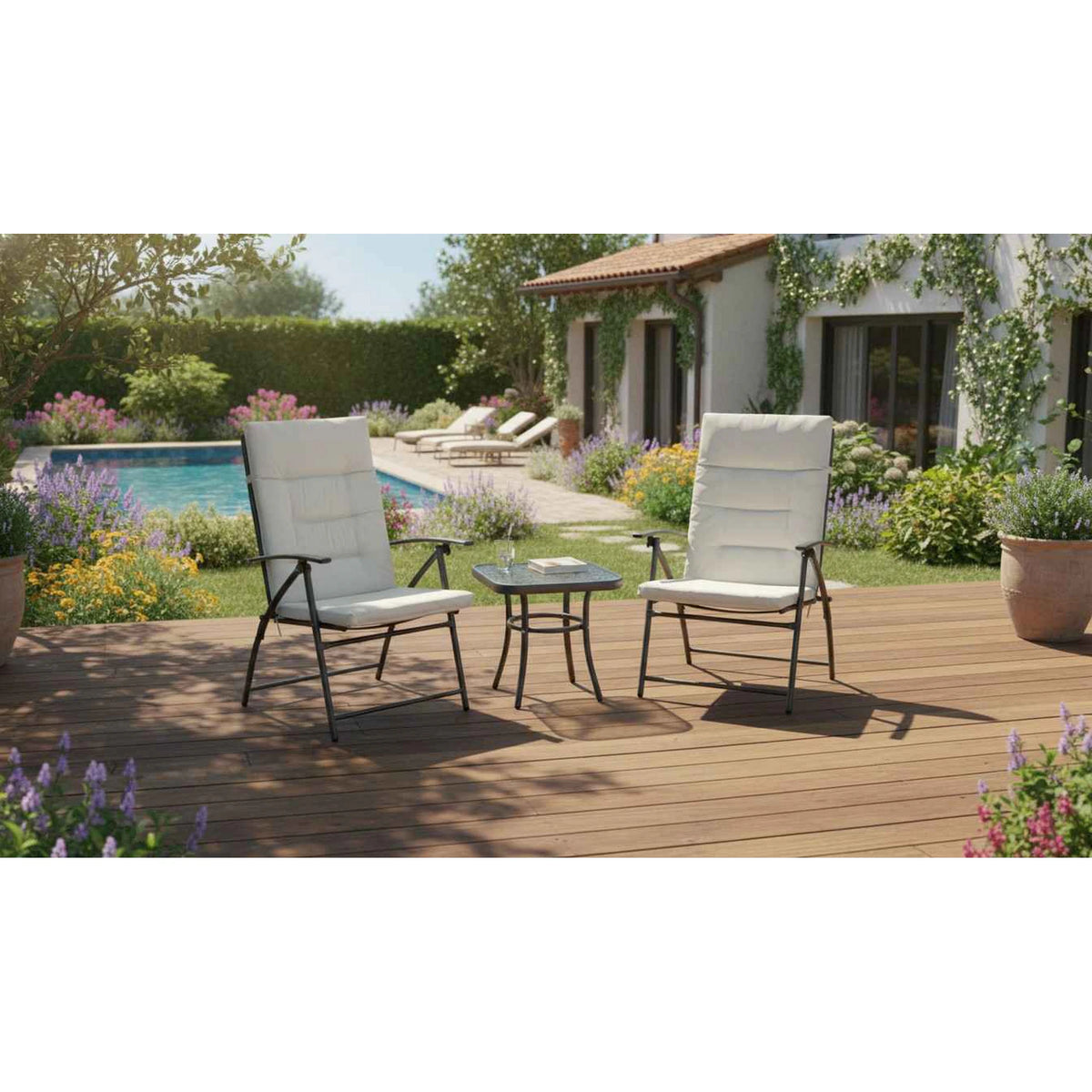 Set gradina MUSON, gri deschis/gri inchis, tesatura/sticla/metal, cu masuta si 2 scaune