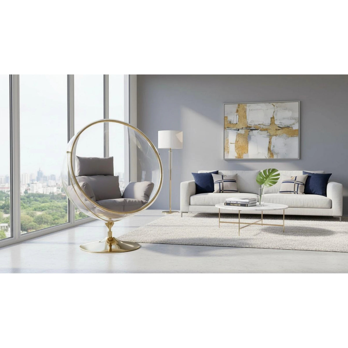 Scaun balansoar balcon BUBBLE TIP 2, auriu/transparent/gri, otel/acril/tesatura, 106x80x135 cm