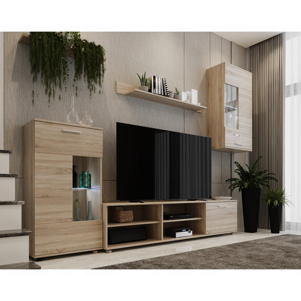 Mobilier living FRONTAL 1 NEW, stejar sonoma, DTD foliat/sticla, 4 piese, 230x39x190 cm