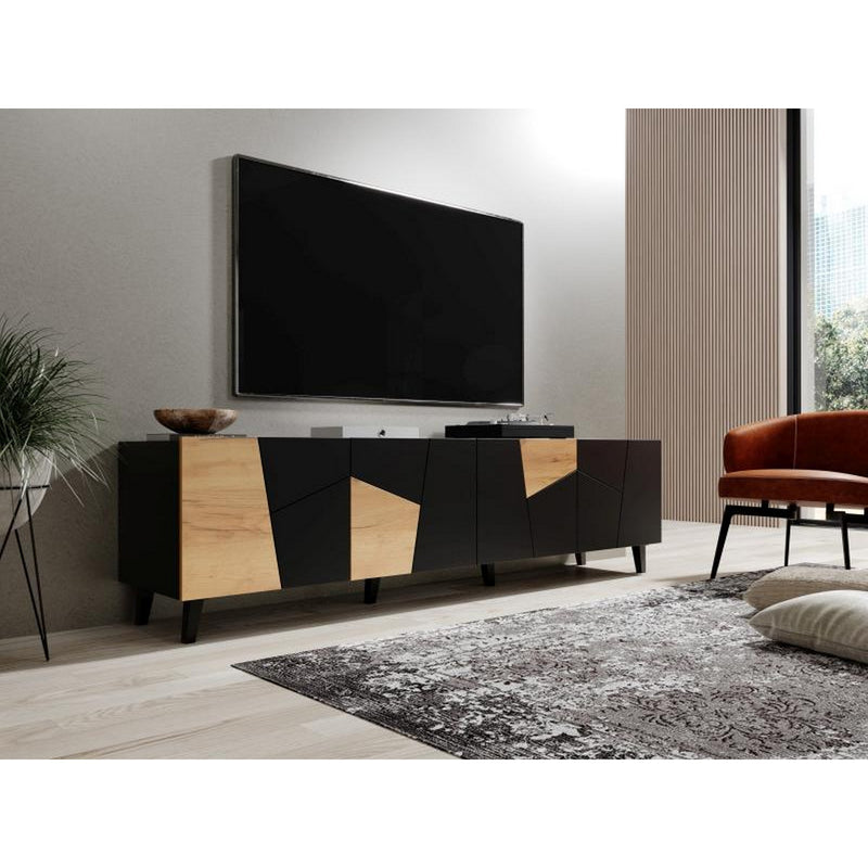 Comoda TV ETNA, negru/stejar, PAL laminat, cu 4 usi, 200x42x52 cm