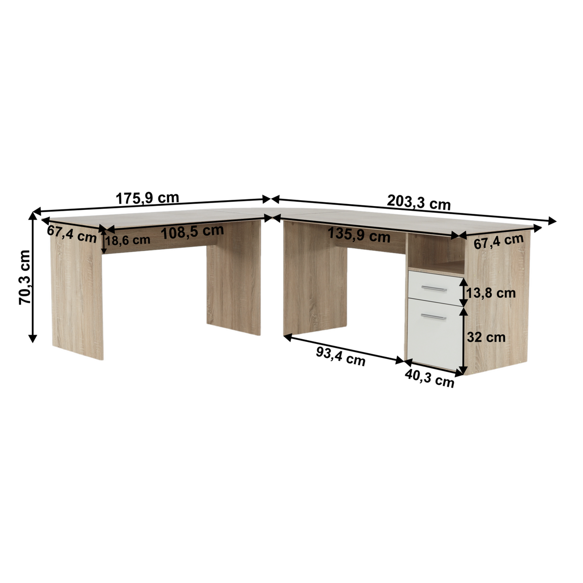 Birou de colt MAURUS NEW MA11, stejar sonoma/alb, PAL melaminat, 176/203x67x70 cm