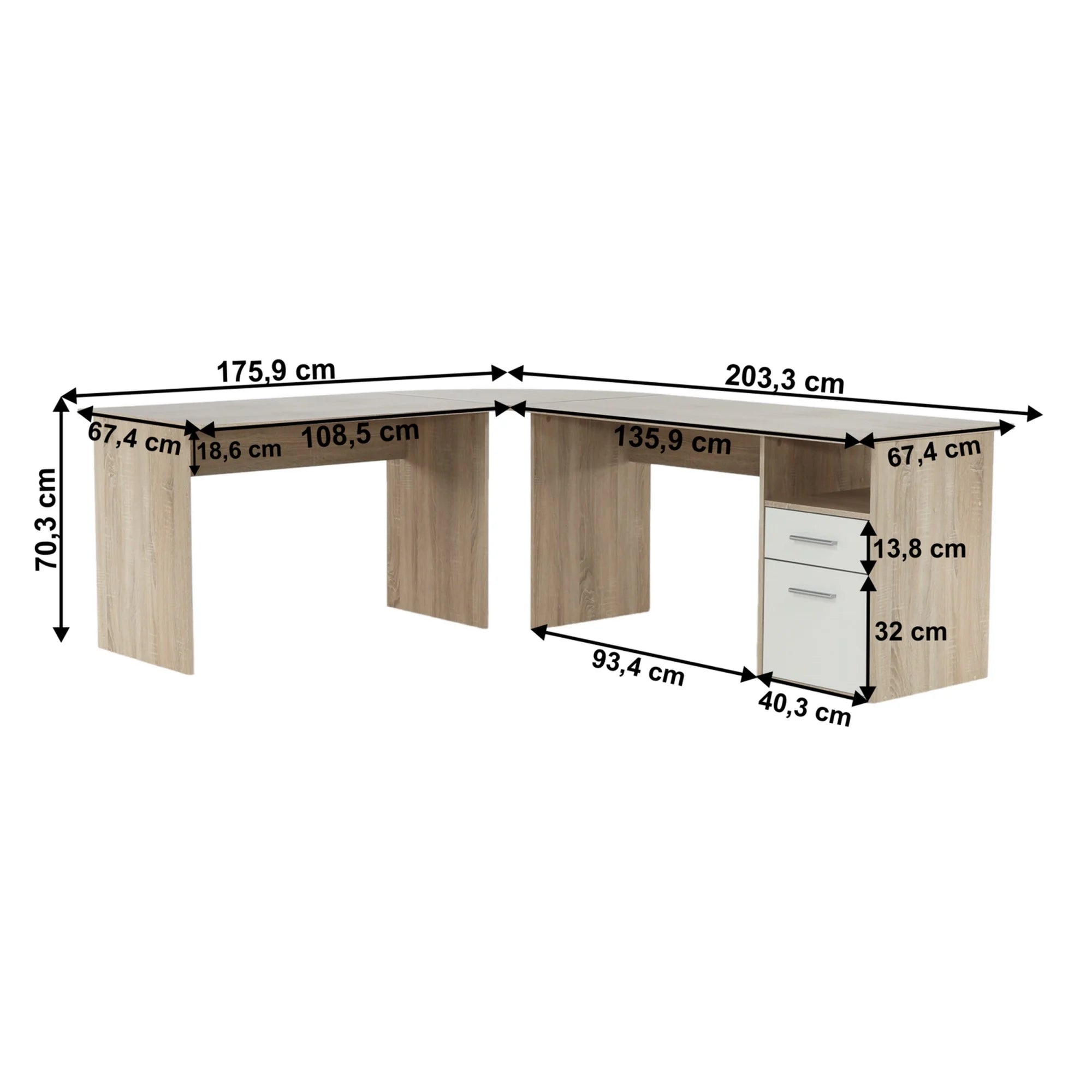 Birou de colt MAURUS NEW MA11, stejar sonoma/alb, PAL melaminat, 176/203x67x70 cm